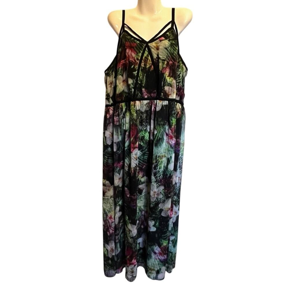 Lane Bryant 24 Plus Maxi Dress Lined Strappy Bodice Floral Tropical Cruise Fairy
